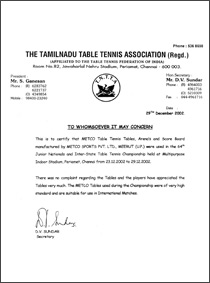 Certificate of table tennis fedration of india