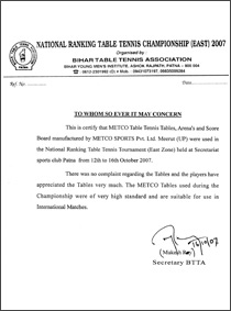 Certificate of Bihar Table Tennis Association